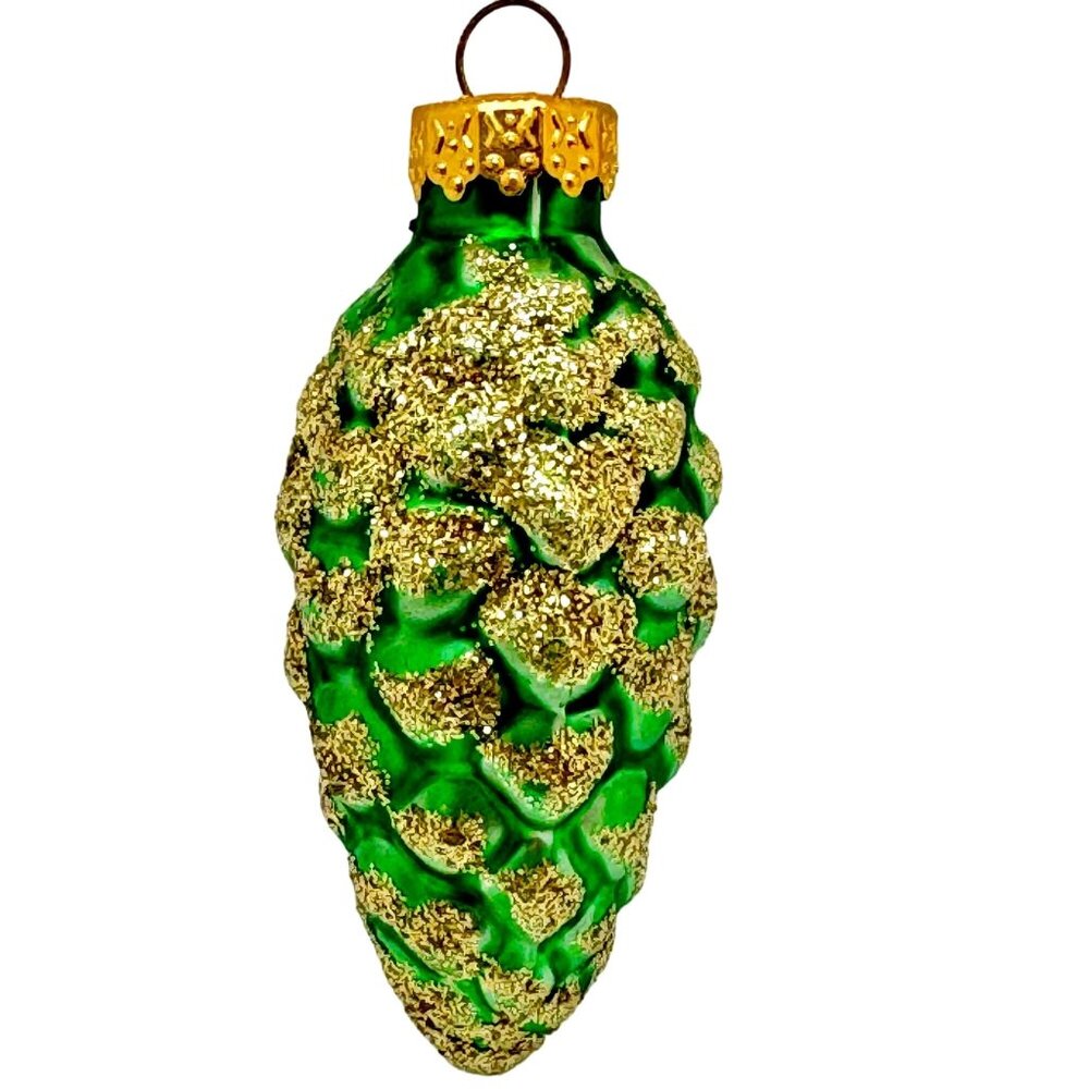 Blown Glass Pine Cone Ornament Green & Gold Glitter Vintage Holiday Decor